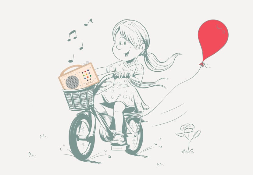 Illustration : Un enfant promène son joueur sur son vélo.